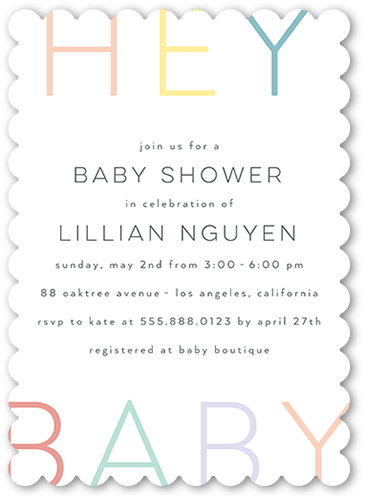 Hey There Baby Baby Shower Invitation, Yellow, 5x7 Flat, Pearl Shimmer Cardstock, Scallop