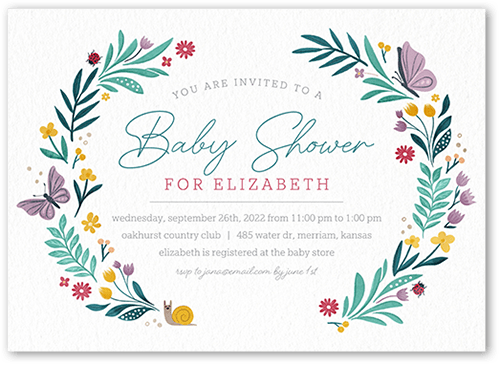 Floral Butterfly Baby Shower Invitation, White, 5x7 Flat, Luxe Double-Thick Cardstock, Square