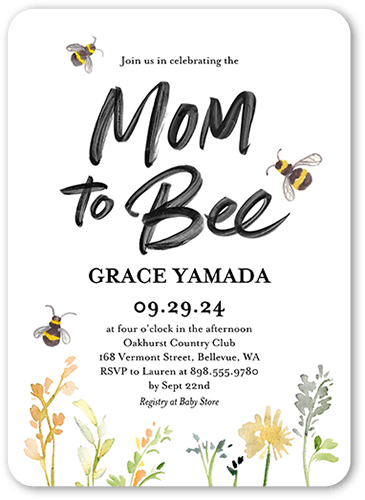 Mom to Bee Baby Shower Invitation, White, 5x7 Flat, 100% Recycled Cardstock , Rounded