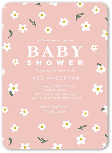 Distinguished Daisy Baby Shower Invitation, Pink, 5x7 Flat, Pearl Shimmer Cardstock, Rounded