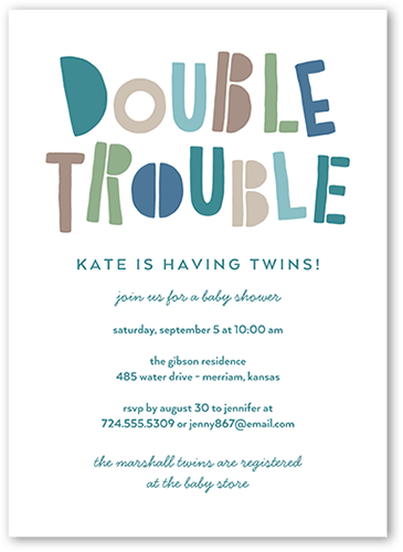 Double The Trouble Baby Shower Invitation, Blue, 5x7 Flat, Standard Smooth Cardstock, Square, Moonstruck