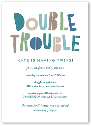 Double The Trouble Baby Shower Invitation, Blue, 5x7 Flat, Matte, Signature Smooth Cardstock, Square