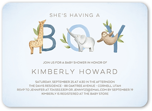 Animal Letters Baby Shower Invitation, Blue, 5x7 Flat, Standard Smooth Cardstock, Rounded