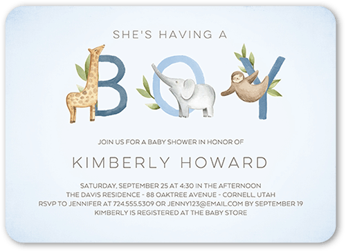 Animal Letters Baby Shower Invitation, Blue, 5x7 Flat, Matte, Signature Smooth Cardstock, Rounded