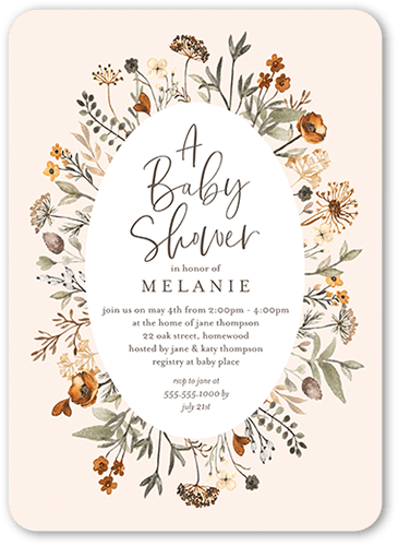 Wildflower Frame Baby Shower Invitation, Beige, 5x7 Flat, Pearl Shimmer Cardstock, Rounded