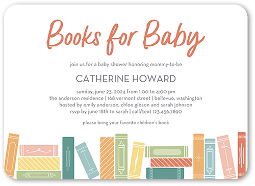 Baby Books Baby Shower Invitation, White, 5x7 Flat, Pearl Shimmer Cardstock, Rounded