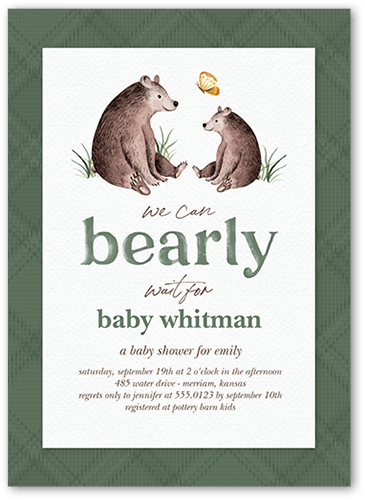 Bearly Baby Shower Invitation, Green, 5x7 Flat, 100% Recycled Cardstock , Square