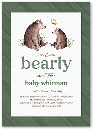 Bearly Baby Shower Invitation, Green, 5x7 Flat, Pearl Shimmer Cardstock, Square