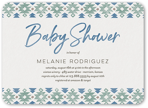 Southwest Pattern Baby Shower Invitation, Blue, 5x7 Flat, Pearl Shimmer Cardstock, Rounded