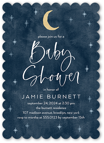 Papercraft Crescent Baby Shower Invitation, Blue, 5x7 Flat, Pearl Shimmer Cardstock, Scallop
