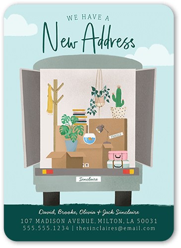 Charming Truck Moving Announcement, Blue, 5x7 Flat, Pearl Shimmer Cardstock, Rounded