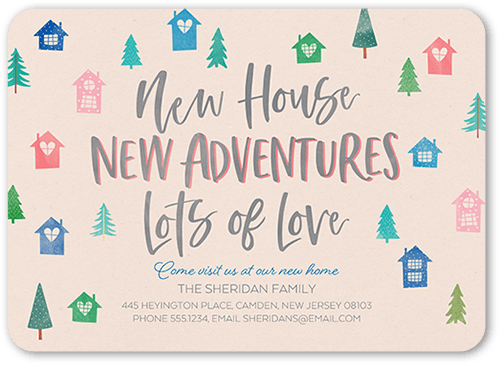 Forest Adventures Moving Announcement, Pink, 5x7 Flat, Pearl Shimmer Cardstock, Rounded, Blush