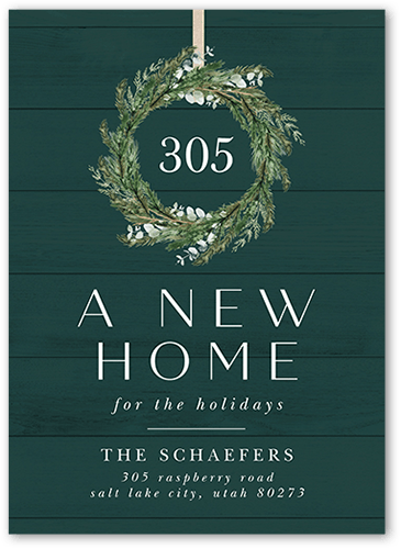 Wreathy Home Moving Announcement, Green, 5x7 Flat, Luxe Double-Thick Cardstock, Square