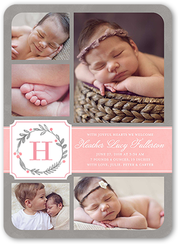 Wreath Monogram Girl Birth Announcement, Pink, Pearl Shimmer Cardstock, Rounded