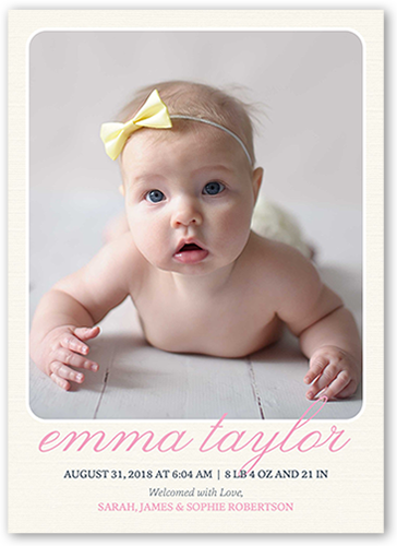 Simple Arrival Girl Birth Announcement, Beige, 5x7 Flat, Standard Smooth Cardstock, Square, Antique White