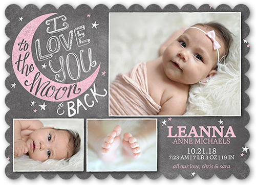To the Moon Girl Birth Announcement, Grey, Pearl Shimmer Cardstock, Scallop