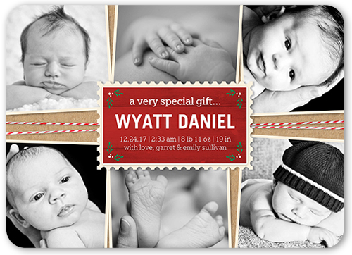 Special Gift Birth Announcement, Red, Pearl Shimmer Cardstock, Rounded