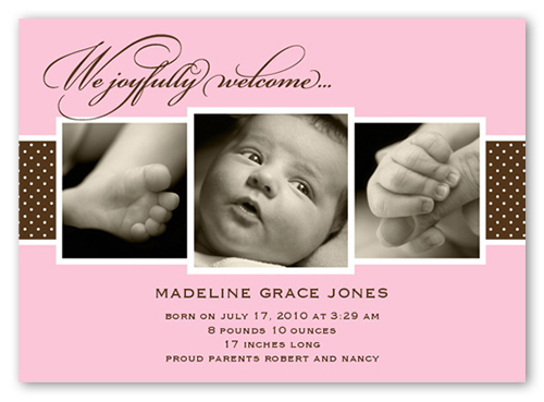 Triple Play Pink Birth Announcement, Pink, Pearl Shimmer Cardstock, Square