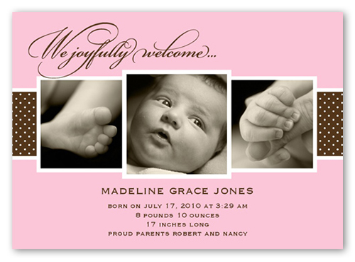 Triple Play Pink Birth Announcement, Pink, Luxe Double-Thick Cardstock, Square