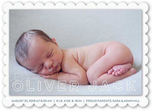 Happy Basic Boy Birth Announcement, White, Pearl Shimmer Cardstock, Scallop
