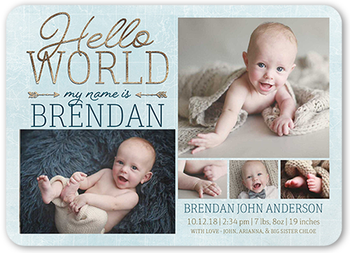 Newborn Hello Birth Announcement, Blue, Standard Smooth Cardstock, Rounded