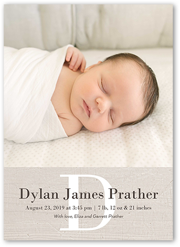 Simple Monogram Boy Birth Announcement, Beige, Pearl Shimmer Cardstock, Square