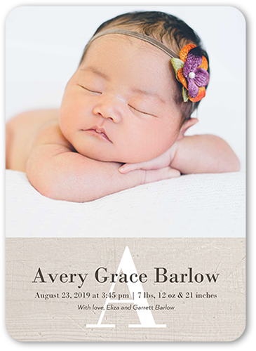 Simple Monogram Girl Birth Announcement, Beige, Standard Smooth Cardstock, Rounded