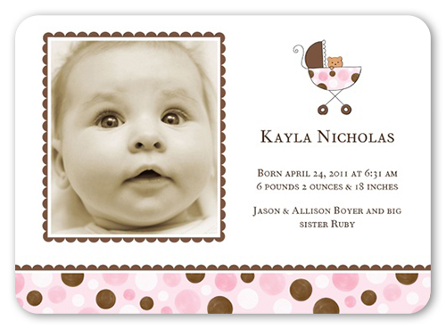 Girl Stroller Birth Announcement, Pink, Standard Smooth Cardstock, Rounded