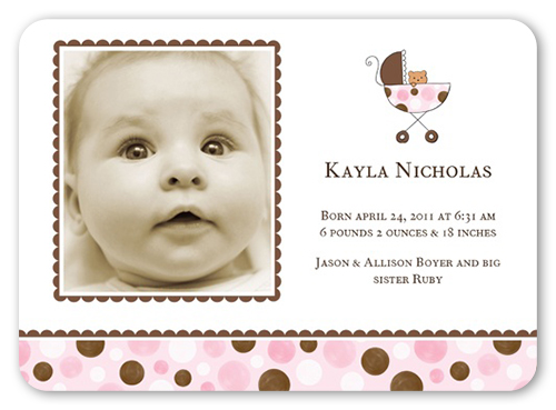 Girl Stroller Birth Announcement, Pink, Pearl Shimmer Cardstock, Rounded