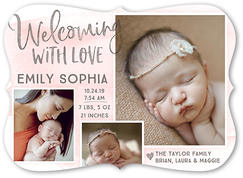 Welcoming Wash Girl Birth Announcement, Pink, 5x7, Pearl Shimmer Cardstock, Bracket