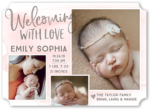 Welcoming Wash Girl Birth Announcement, Pink, 5x7 Flat, Pearl Shimmer Cardstock, Ticket
