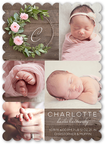 Adorned Monogram Birth Announcement, Pink, 5x7 Flat, Pearl Shimmer Cardstock, Scallop
