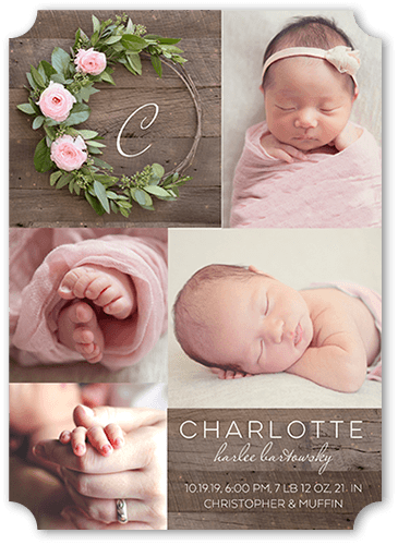 Adorned Monogram Birth Announcement, Pink, 5x7, Matte, Signature Smooth Cardstock, Ticket