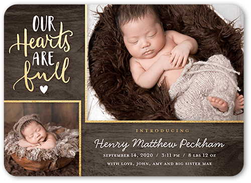 Naturally Heartfelt Boy Birth Announcement, Brown, 5x7 Flat, Pearl Shimmer Cardstock, Rounded