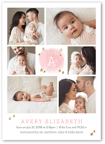 Astral Arrival Girl Birth Announcement, Pink, 5x7 Flat, Luxe Double-Thick Cardstock, Square