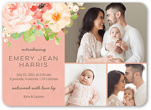 Arrival Bouquet Birth Announcement, Pink, 5x7 Flat, Matte, Signature Smooth Cardstock, Rounded