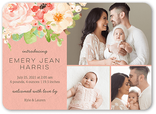 Arrival Bouquet Birth Announcement, Pink, 5x7 Flat, Pearl Shimmer Cardstock, Rounded