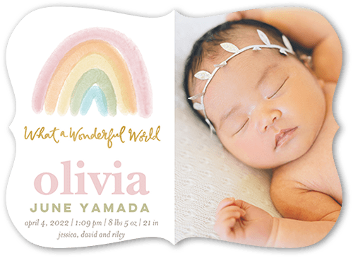 Painted Rainbow Birth Announcement, Pink, 5x7, Pearl Shimmer Cardstock, Bracket