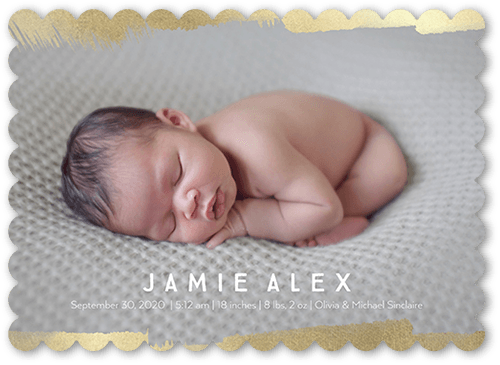 Contemporary Brushstroke Birth Announcement, Yellow, 5x7, Pearl Shimmer Cardstock, Scallop