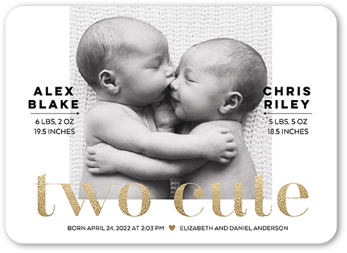 Two Cute Birth Announcement, White, 5x7 Flat, Pearl Shimmer Cardstock, Rounded