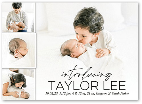 Modern Introduction Birth Announcement, White, 5x7 Flat, Pearl Shimmer Cardstock, Square