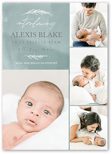 Watercolor Beginnings Birth Announcement, Green, 5x7 Flat, Luxe Double-Thick Cardstock, Square