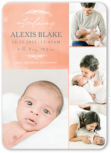 Watercolor Beginnings Birth Announcement, Beige, 5x7 Flat, 100% Recycled Cardstock , Rounded