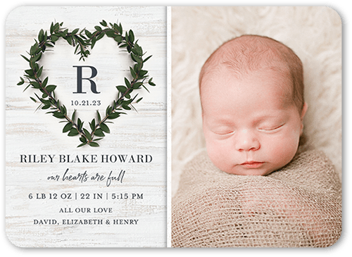 Wreathed Heart Birth Announcement, White, 5x7 Flat, Matte, Signature Smooth Cardstock, Rounded