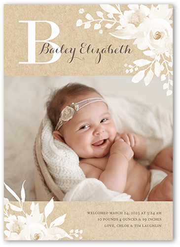 Rustic Monogram Birth Announcement, Beige, 5x7 Flat, Pearl Shimmer Cardstock, Square