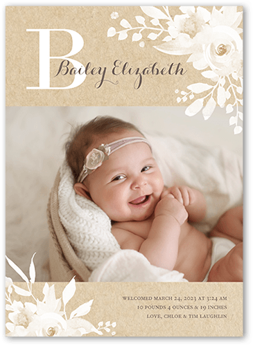 Rustic Monogram Birth Announcement, Beige, 5x7 Flat, Standard Smooth Cardstock, Square