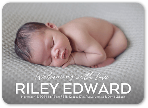 Grand Type Birth Announcement, none, White, 5x7 Flat, Pearl Shimmer Cardstock, Rounded