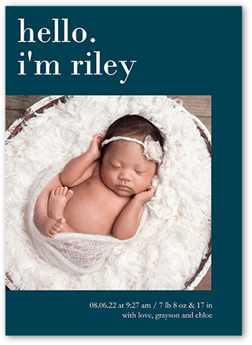 Hello I Am Birth Announcement, none, Blue, 5x7 Flat, Pearl Shimmer Cardstock, Square, Sapphire