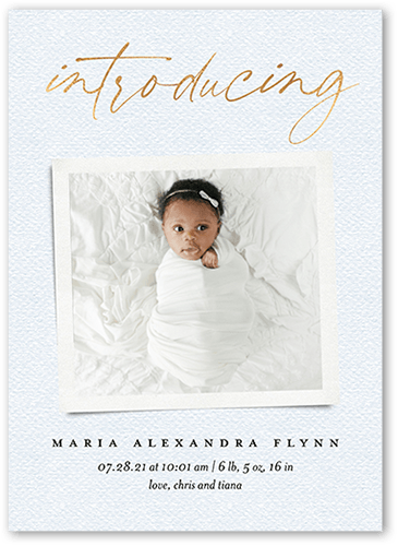 Introducing Memories Birth Announcement, Blue, 5x7 Flat, 100% Recycled Cardstock ?, Square