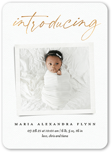 Introducing Memories Birth Announcement, White, 5x7 Flat, Pearl Shimmer Cardstock, Rounded, White